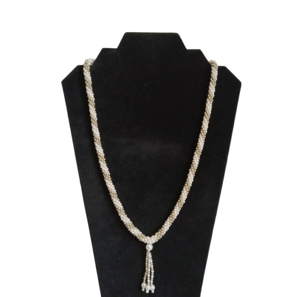 Vintage White and Gold Faux Pearl Beaded Woven Twisted Tassel Fashion Necklace